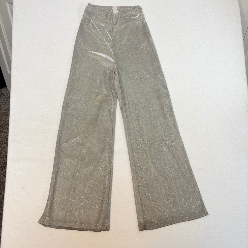 Silver Metallic Shimmer Wide Leg Pants High‎ Rise Glitter Party Trousers Large